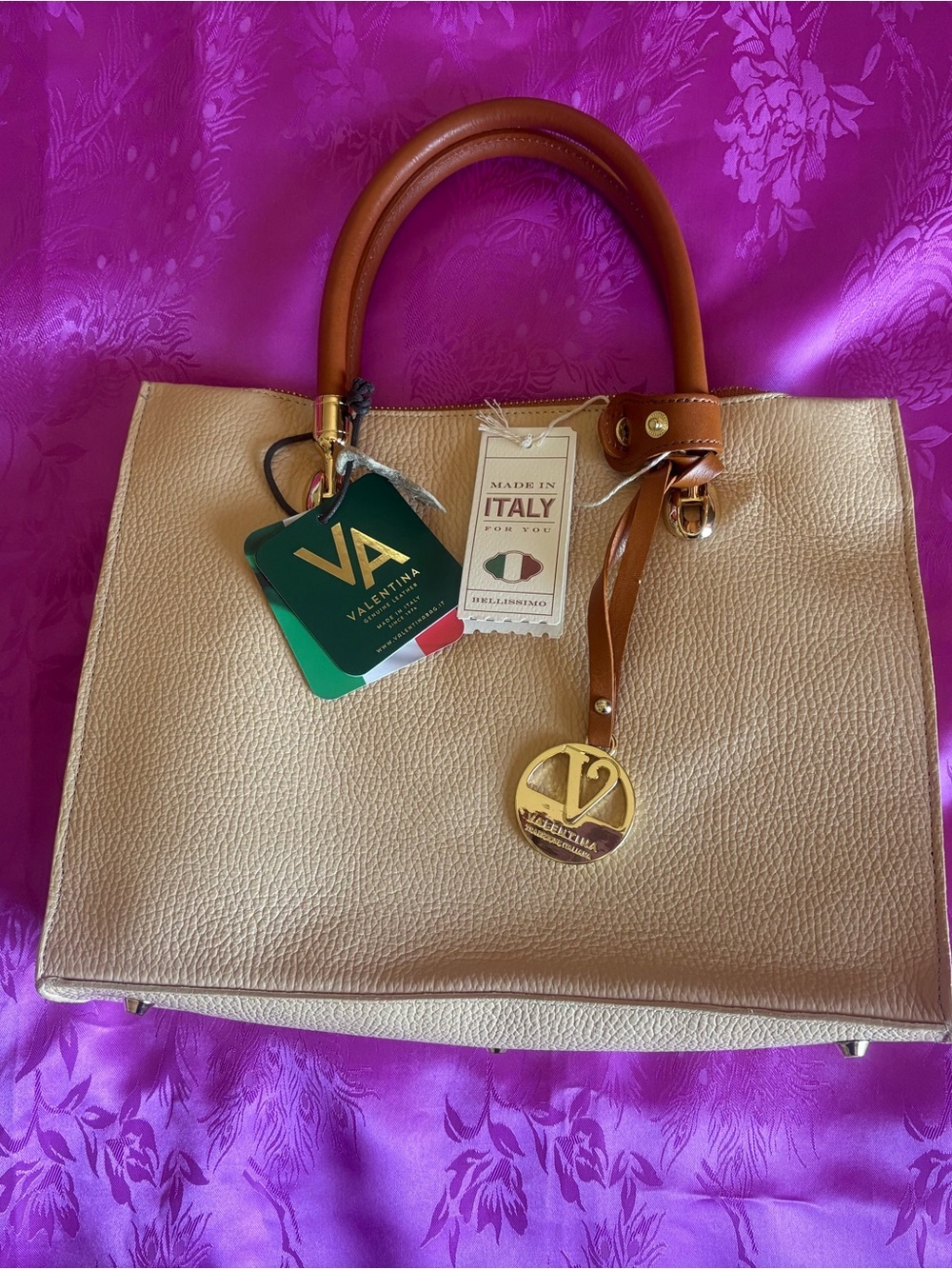 Valentina Cream Pebbled Leather Satchel with Brown Handles and Gold Charm